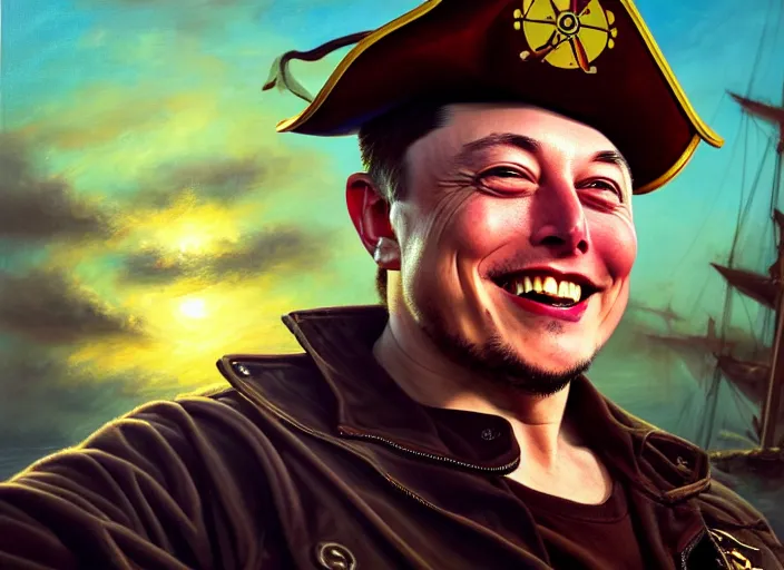 Image similar to highly detailed painting of a grinning Elon Musk as a pirate captain, proudly posing at the helm of his frigate wearing a pirate hat at dusk, artstation, cinematic lighting, hyperdetailed, cgsociety, 8k, high resolution, insanely detailed and intricate, concept art, smooth, sharp focus, illustration, art by John Philip Falter, Art Nouveau, masterpiece