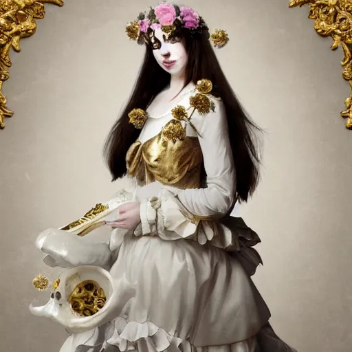 Image similar to 8k, octane render, realism, tonalism, renaissance, rococo, baroque, portrait of a young lady wearing long white and pale grey manga dress with flowers and skulls, background chaotic gold leaf flowers