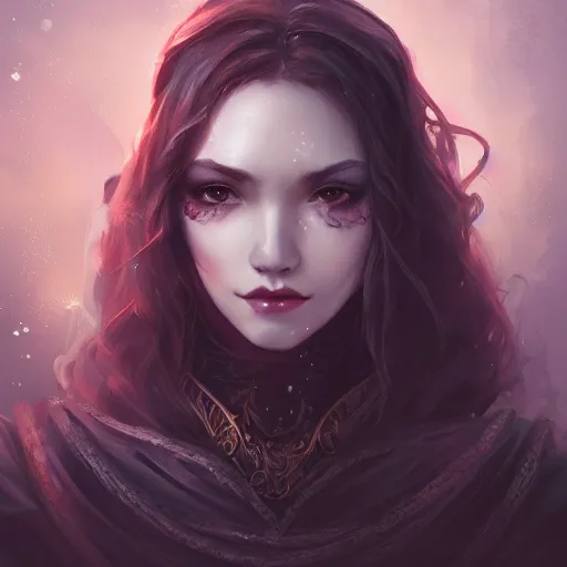 Image similar to beautiful girl, whimsical portrait, ice magic, dark hair, dark robe, intricate, elegant, highly detailed, cgsociety, trending on artstation, dnd, castle background, warm light, concept art, illustration