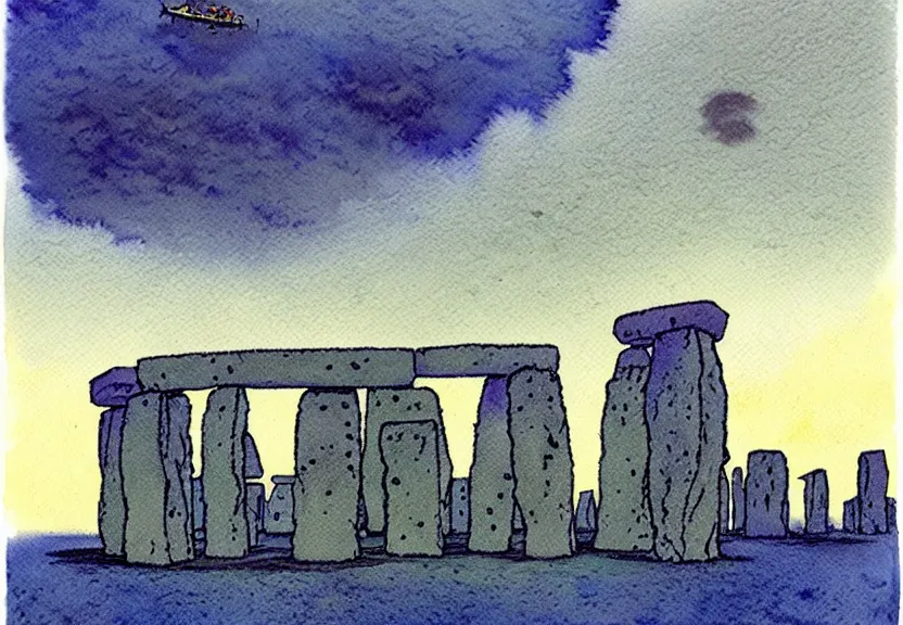 Prompt: a simple watercolor fantasy concept art of a giant dark grey cube floating in the air above stonehenge at night. by studio ghibli, rebecca guay, michael kaluta, charles vess