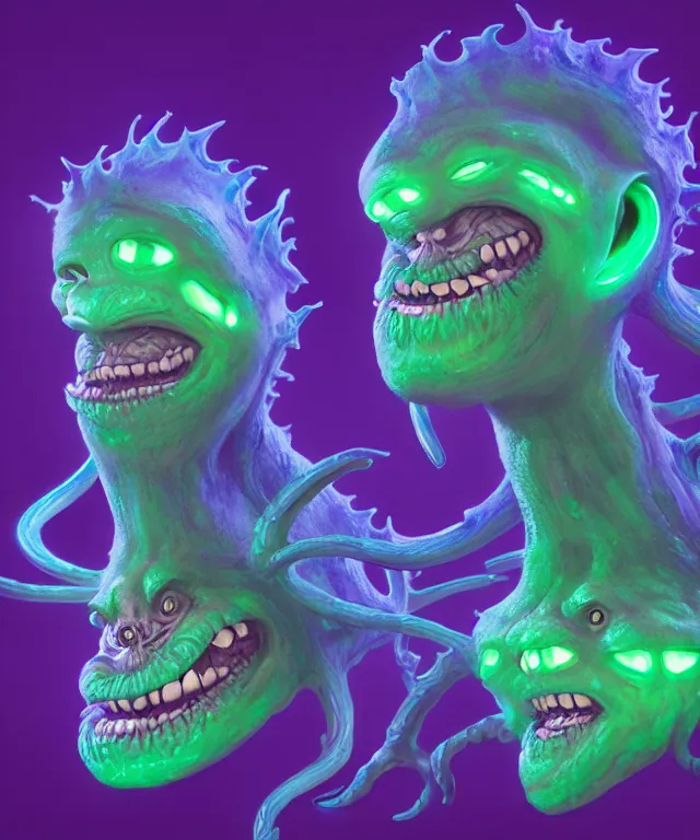 Prompt: a two headed xanathar made of bioluminescence in the art style of monsters inc, crisp 8 k line art, digital painting, artstation, unreal engine, octane render, emissive lighting, concept art, matte, sharp focus, hyper realistic lighting, illustration, deep royal blue and pink color scheme, art by alex grey