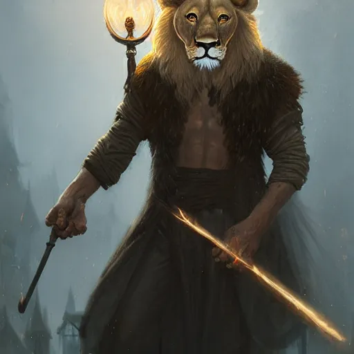 Prompt: an anthropomorphic half lion half human mage holding a wand,wizard,fantasy art,digital art,art by greg rutkowski,realiatic,photorealistic,hyperdetailed,detailed face,professional lighting,mysterious