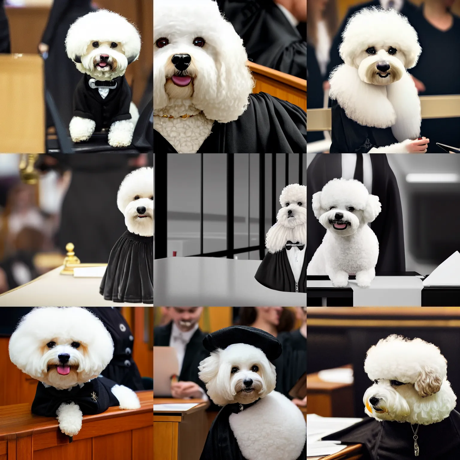 Prompt: a closeup photorealistic illustration of a smiling bichon frise judge wearing a black gown at the bench and calling court to order. this 4 k hd image is trending on artstation, featured on behance, well - rendered, extra crisp, features intricate detail and the style of unreal engine.