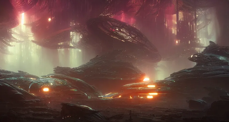 Image similar to Retro futuristic Sci-Fi space forest scene, Giant Aztec spaceship, nebulas swirls, dusk lighting, intricate details ,by denis villeneuve, Ridley Scott, Greg Rutkowski and Alphonse Mucha