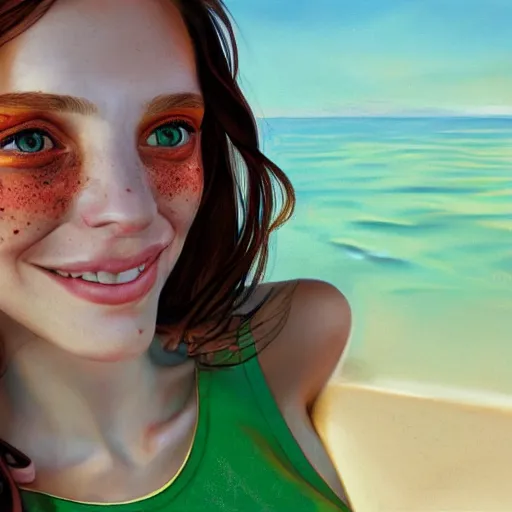 Image similar to portrait of a cute thin young woman, bronze brown hair, eye color is emerald green, red blush, cute freckles, smug smile, modern clothes, relaxing on the beach, golden hour, close up shot, 8 k, art by irakli nadar, hyperrealism, hyperdetailed, ultra realistic