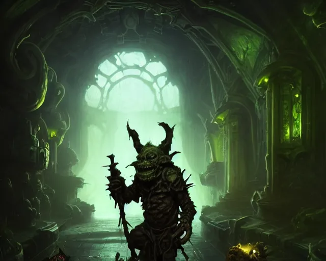 Image similar to 4 k cinematic still portrait of a goblin in a dark liminal space room, nurgle, deep focus, d & d, fantasy, intricate, repulsive, highly detailed, digital art, art station, concept art, matte, sharp focus, illustration, dark fantasy art, hearthstone, art by artgerm and greg rutkowski and alphonse mucha