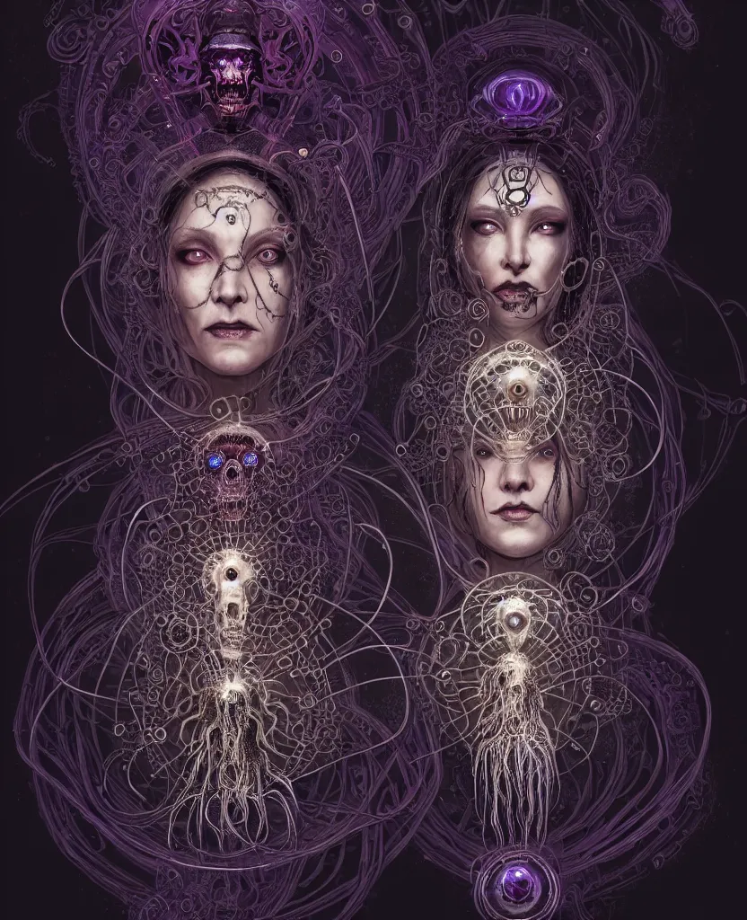 Image similar to queen of death. intricate portrait, occult cyberpunk, ancient futuristic, dark art, occult. intricate biomechanical, bioluminescent halo around head, mandala ornament, cybernetic glowing jellyfish, tentacles, by Petros Afshar, by artgerm, by Eddie Mendoza, by Peter mohrbacher by tooth wu, unreal engine, octane render, cinematic light, high details, iridescent colors, macro
