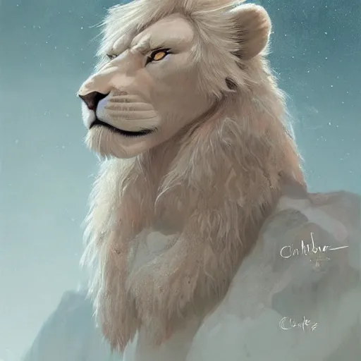 Prompt: aesthetic portrait commission of a albino male furry anthro lion wearing caveman clothing, cozy atmosphere, hyperdetailed. character design by charlie bowater, ross tran, artgerm, and makoto shinkai, detailed, inked, western comic book art, 2 0 2 1 award winning painting