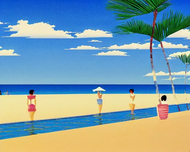 Image similar to seaside mansion on the beach, summer, painting by hiroshi nagai