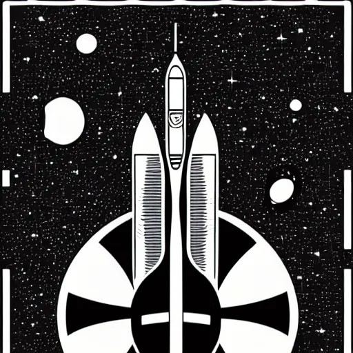 Prompt: a 70s vector based poster illustration about a space travel, negative space allowed, black ink on white background, smooth curves