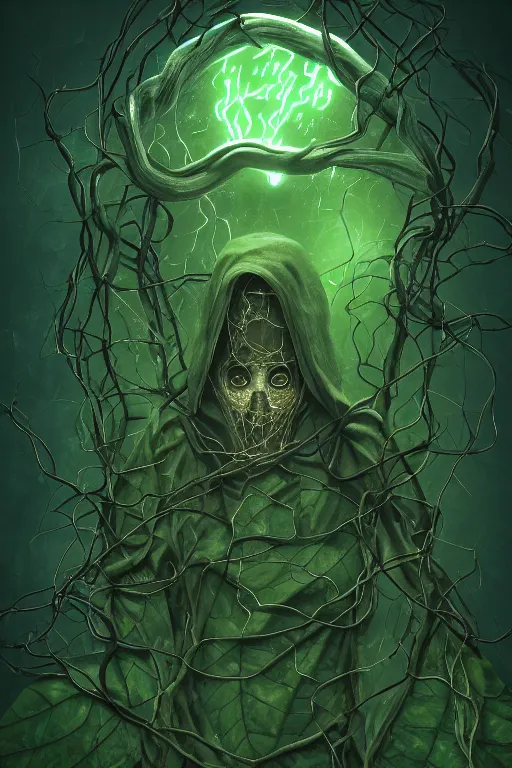 Image similar to A full body portrait of a mysterious character with no face, glowing eyes and a very long hooded dark green cloak made of leaves, vines coming out the ground art by Shaddy Safadi and Jason Chan, ominous, cosmic horror, trending on artstation, Ultra detailed, hyper realistic 4k