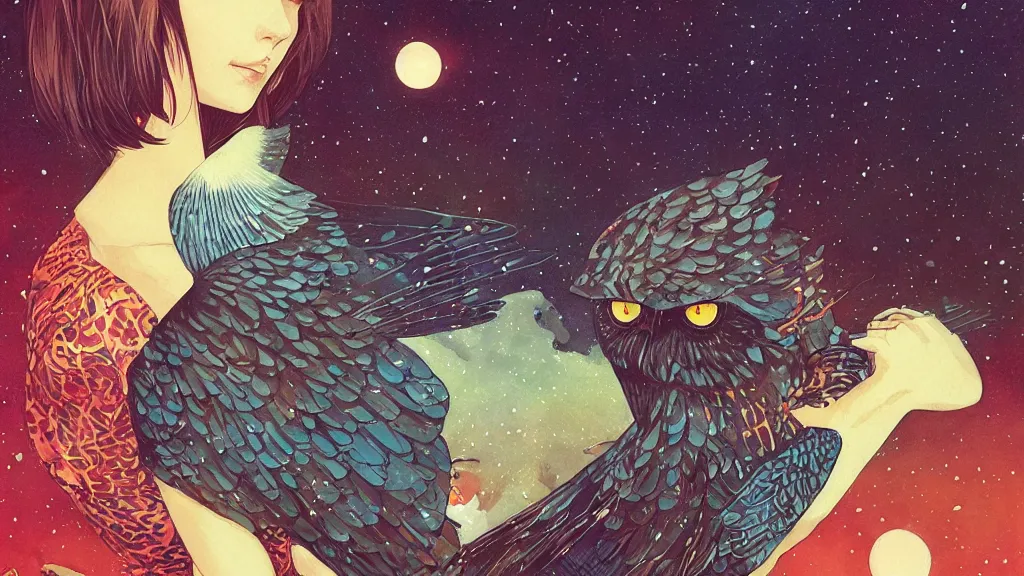 Prompt: ilya kuvshinov, rutkowski, victo ngai, james jean, john william waterhouse, artgerm, watercolor illustration of owls flying at night, colorful, mural, deep shadows, astrophotography, highly detailed