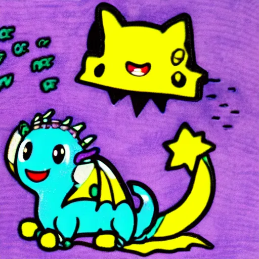 Prompt: super - detailed tamagotchi riding a purple dragon in a storm, ultrarealistic, highly detailed, soft colors