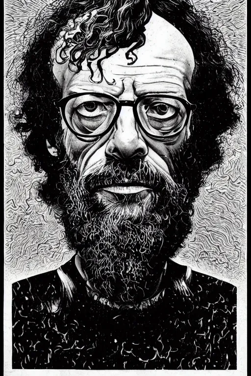 Image similar to an awesome jean giraud portrait of terence mckenna in the style of a rennaissance masters portrait, mystical and occult symbolism