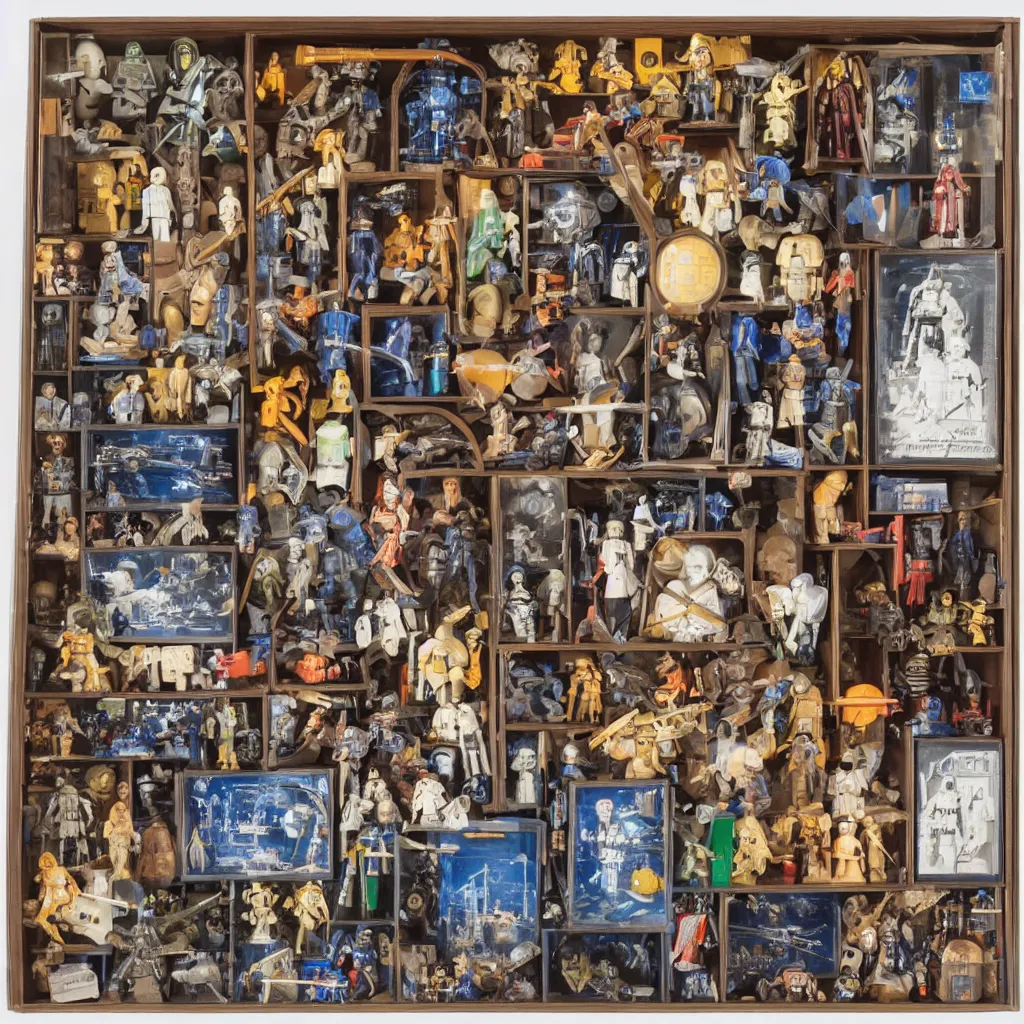 Prompt: a well - lit, detailed museum archive rich color photograph of a star wars memory box by joseph cornell, containing a few action figures, some photographs, a star chart, a ticket stub, and a large lightsaber