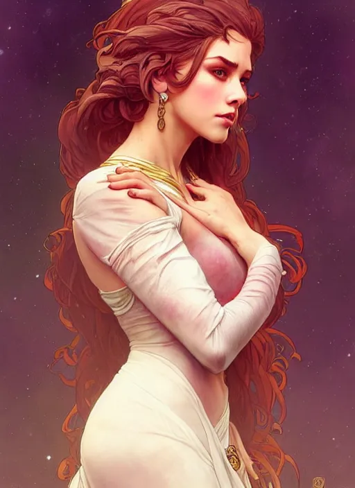 Prompt: rolyatistaylor as queen, incredibly detailed face, pretty face, light dress, true anatomy, art by artgerm and greg rutkowski and alphonse mucha