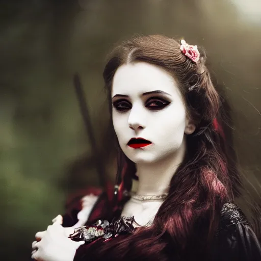 Image similar to A beautiful portrait of a lady vampire, victorian, dracula, ominous, depth of field, bokeh, irwin penn, soft light, cinematic