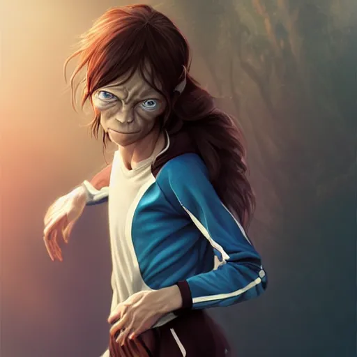 Prompt: beautiful portrait of an insanely gorgeous Gollum with blue eyes, brown hair and a perfect body, adidas tracksuit, character design by charlie bowater, ross tran, artgerm, and makoto shinkai, detailed, soft lighting, rendered in octane