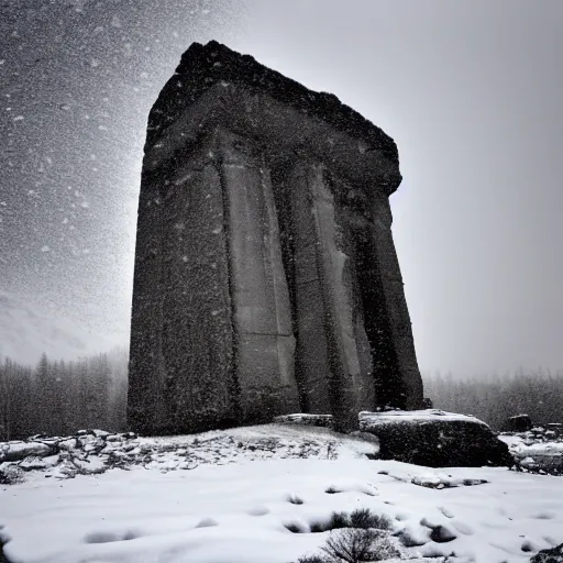 Prompt: a monolithic temple next to a snowcapped mountain. overcast sky, grainy, snowing.