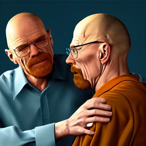 Image similar to Jerma985 hugging Walter White from Breaking Bad, photorealistic, cinematic lighting, shot on iphone