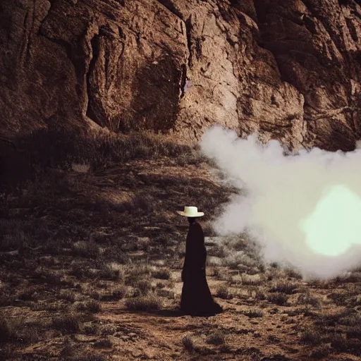 Prompt: photo, a woman in a giant flowing incredibly long dragging white dress made out of white smoke, standing inside a dark night western rocky scenic landscape, a vintage cowboy movie projected, volumetric lighting