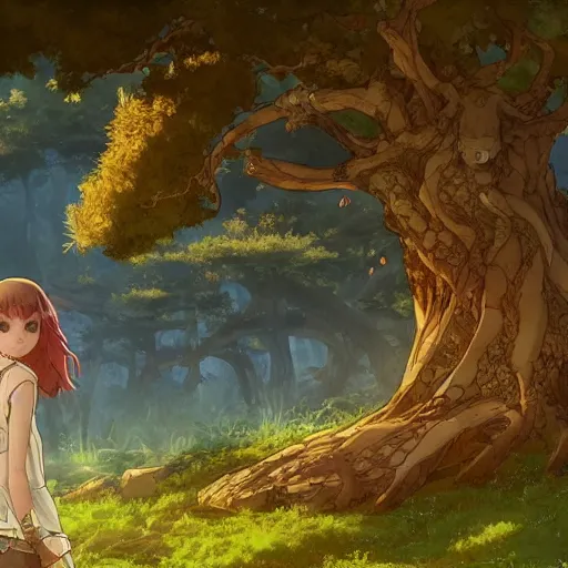 Image similar to mythical glowing runes, beautiful ancient trees, hiding large treasure chest, serene evening atmosphere, soft lens, soft light, cel - shading, animation, in the style of cgsociety, deviantart, artstation, zbrush, cinema 4 d, studio ghibli, akihiko yoshida, atelier lulua, masamune shirow