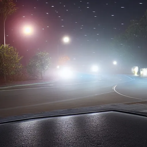 Prompt: trucks by night, moonlight, beamlight, reflections in pavement, and fog, detailed and realistic, bloom