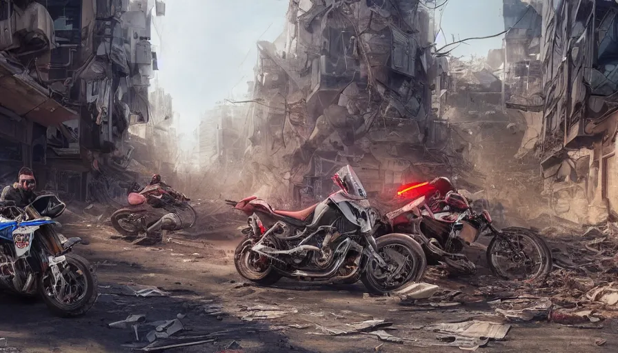 Image similar to Motorcycle race in the streets of a destroyed city, hyperdetailed, artstation, cgsociety, 8k