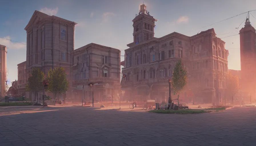 Prompt: midwest town, square, church, sunny day, volumetric light, hyperdetailed, artstation, cgsociety, 8 k