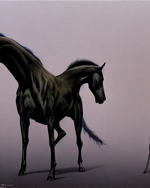 Prompt: painting of hybrid between black weimaraner & black stallion horse! & intercrossed animal, by zdzislaw beksinski, by mattias adolfsson, concept art, single object scene, beautiful composition, 8 k, wide angle shot, depth of view,