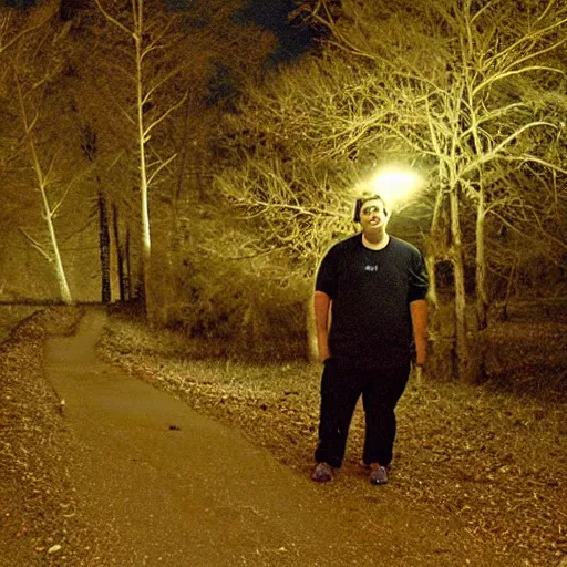 Image similar to nightime infrared trail cam footage of an overweight 20 year old with messy black hair and beard