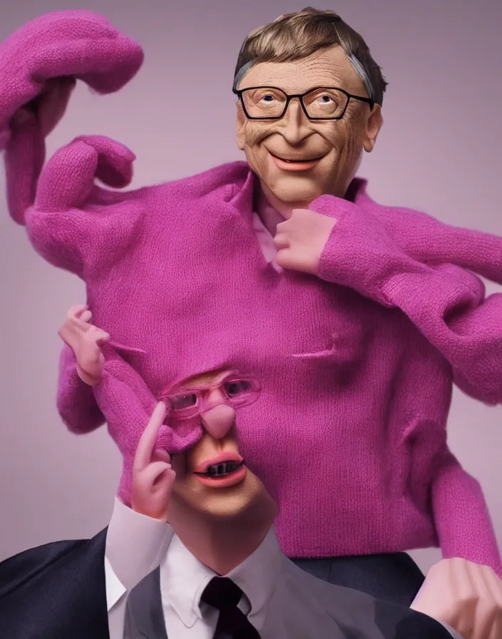 Image similar to candid 90s photoshoot of bill gates evil sock puppet wearing a pink sweater, dynamic lighting, photorealistic, stunning visuals, creative, cinematic, ultra detailed, trending on art station