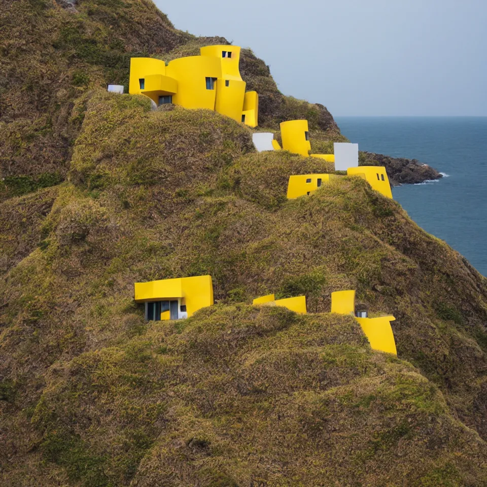 Image similar to a tiny flat horizontal house on a cliff, designed by Frank Gehry. Big tiles. Small wooden pathway . Film grain, cinematic, yellow hue