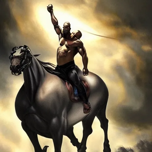 Image similar to chonky ethan van sciver with a bald head and grey trimmed beard with a pointy nose as the first horseman of the apocalypse riding a strong big black stallion, horse is up on its hind legs, beautiful artwork by artgerm and rutkowski, breathtaking, beautifully lit, dramatic, full view