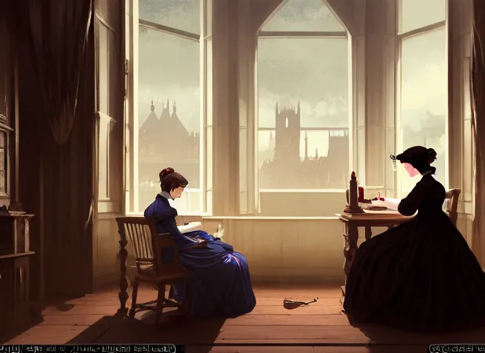 Image similar to victorian britain 1 8 3 5, adolecent florence nightingale sitting and sewing in the parlour of a english victorian manor light from a window on the right, finely detailed perfect art, gapmoe yandere grimdark, trending on pixiv fanbox, painted by greg rutkowski makoto shinkai takashi takeuchi studio ghibli