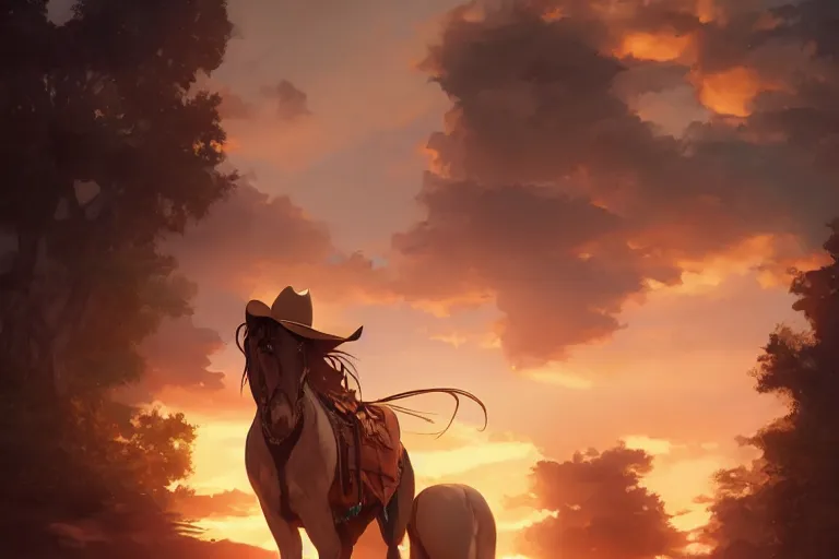 Image similar to cowgirl western girlfriend, scenic full shot, ambient lighting, detailed face, by makoto shinkai, stanley artgerm lau, wlop, rossdraws