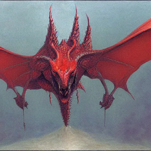 Prompt: red dragon concept, dragon head, dragon body, wings on the back, beksinski