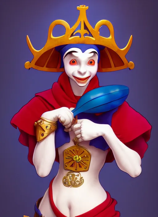 Image similar to jolly medieval jester holding maracas natural lighting, path traced, highly detailed, high quality, digital painting, by don bluth and ross tran and studio ghibli and alphonse mucha, artgerm