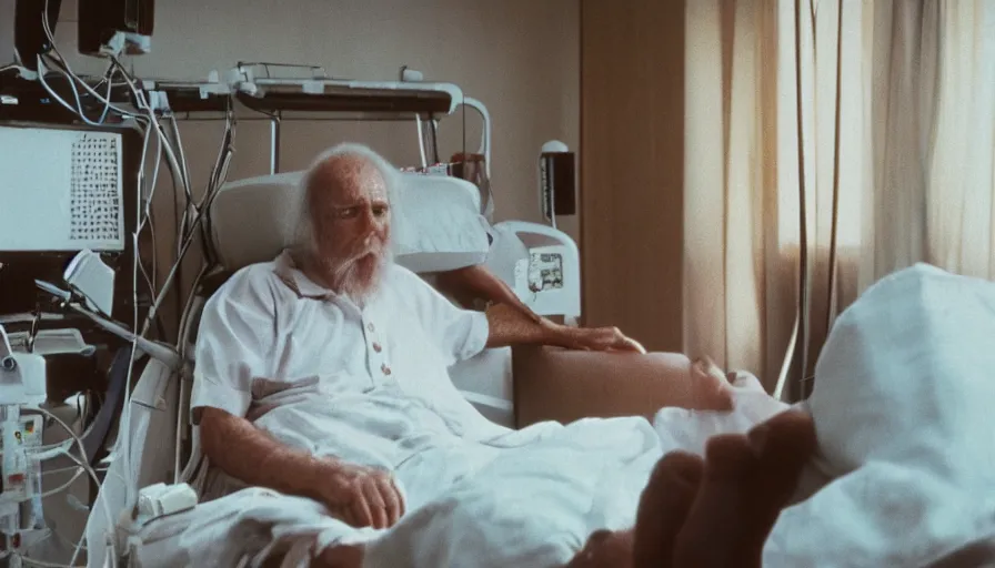 Image similar to 7 0 s movie still of a old root man in the hospital, cinestill 8 0 0 t 3 5 mm eastmancolor, heavy grain, high quality, high detail