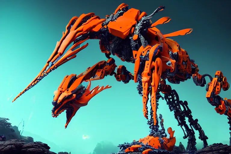 Prompt: a hyper detailed orange fanghorn evangelion realistic mechanical and organic creature similar look as horizon forbidden west horizon zero dawn, bioluminiscence in a dark deep forest at dawn in spring, with reflection and textures, by kilian eng, substance painter reaslitic mech surface metal painted scratches,