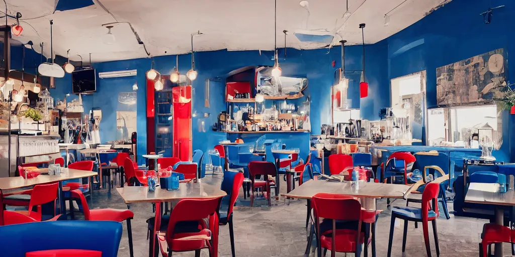 Image similar to cafe interior, blue and red tones