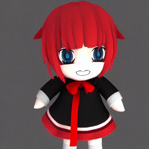 Image similar to cute fumo plush of a girl with a distinctive character silhouette, red stripes on black, cel shaded pbr, vray