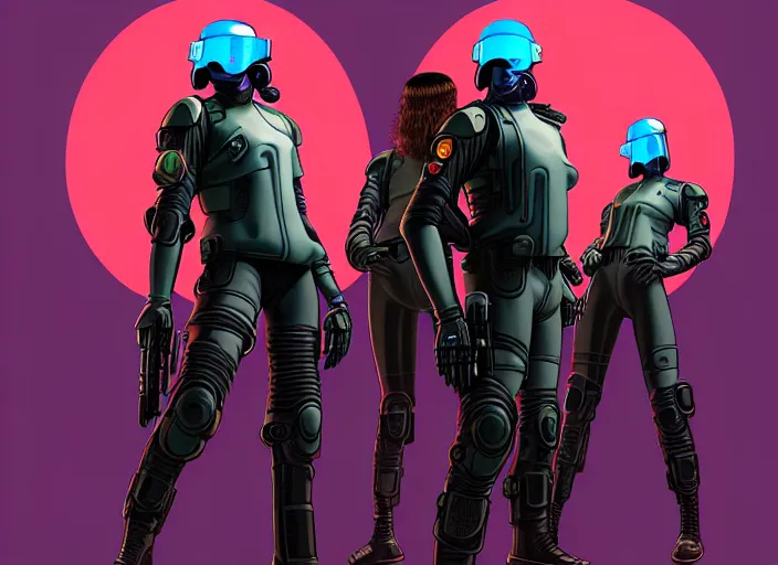 Image similar to cyberpunk riot police squad. portrait by stonehouse and mœbius and will eisner and gil elvgren and pixar. character design. realistic proportions. cyberpunk 2 0 7 7 character art, blade runner 2 0 4 9 concept art. cel shading. attractive face. thick lines. the team. diverse characters. shadowrun. artstationhq.