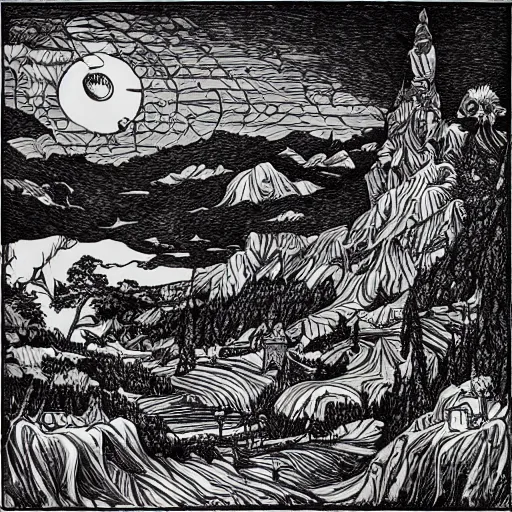 Prompt: impressive fantasy landscape, beautiful line art, pure b & w, etching illustration, square sticker, masterpiece