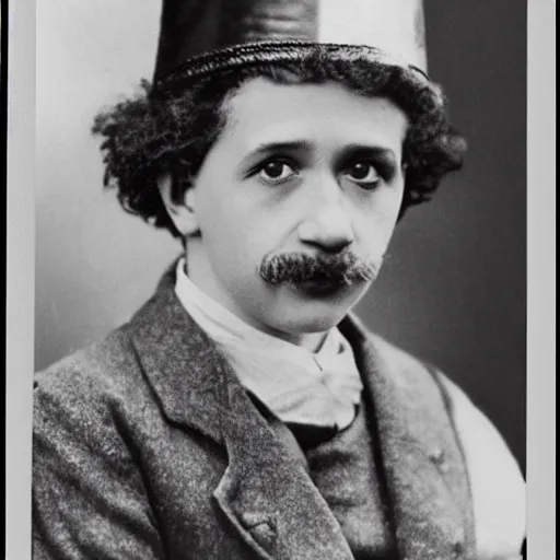 Image similar to Young Albert Einstein wearing a dunce cap, 1920's black and white photograph