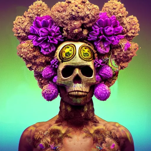 Prompt: a golden skull face african marijuanna shaman with an afro made of flowers, third eye art art by machina infinitum, complexity from simplicity, rendered in octane, mandelbulb 3 d, ambient occlusion, macro photography, felt!!! texture, tribal, neon! retrowave