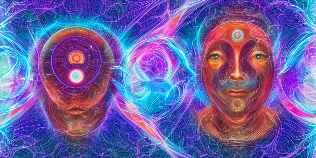 Image similar to ai transcendence into collaborative intelligence, connectedness, body, by alex grey, album cover, award winning, beautiful, colorful, volumetric lighting, trending on artstation