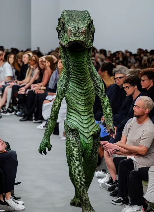 Image similar to hyperrealistic and heavy detailed balenciaga runway show of dinosaurs, leica sl 2 5 0 mm, vivid color, high quality, high textured, real life