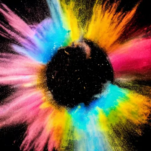 Prompt: a centered explosion of colorful powder on a black background