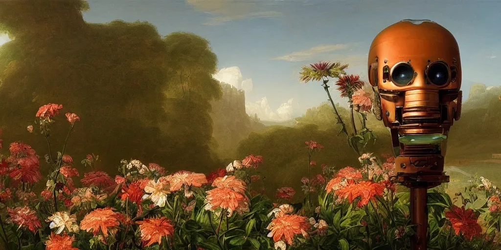 Image similar to a wide angle painting by Thomas Cole of a robot head with flowers growing out, highly detailed, masterpiece